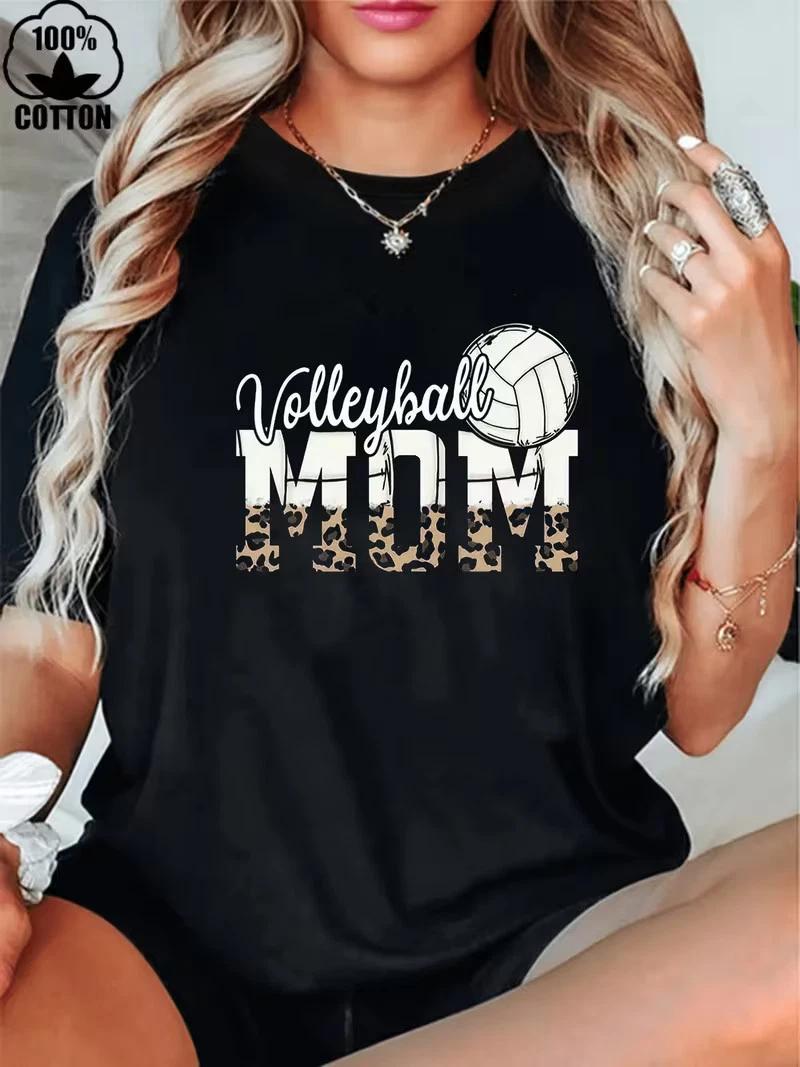 1pc Women s Volleyball Mom Graphic T-Shirt - Leopard Print Accents, 180g Heavywe XXXXL