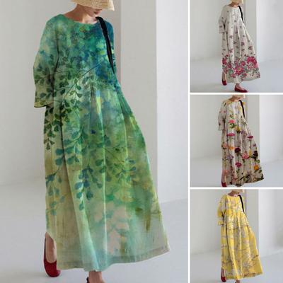 Women Dress Floral Print A-line Big Hem Long Sleeves Loose Round Neck with Side Pockets Pleated Casual Ankle Length Maxi Dress