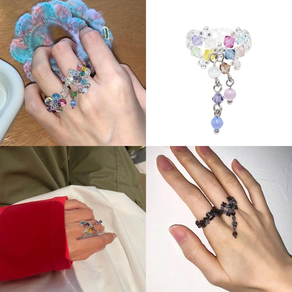 Crystal Colorful Cute Ring With Tassel And Flower Design Korean Small Forest Yuxin Style Ins