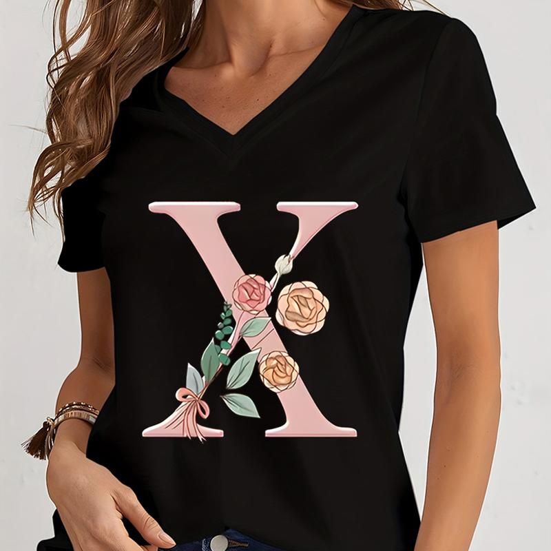 Cartoon Alphabet Flower Graphic Tee Womens Clothing Pink Flower Alphabet Gift Tshirt FeUnisex Vintage 26 Initials Flower Tshirt
