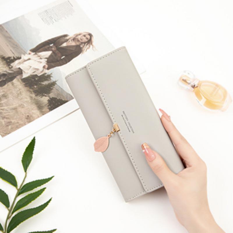 Women Long Wallet Korean PU Leather Leaf Pendant Tri-fold Bag Multi Function Clutch Large Capacity
