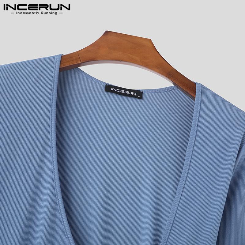 INCERUN Men Deep V Neck Fitted Texture Long Sleeve Irregular Tops Undershirts