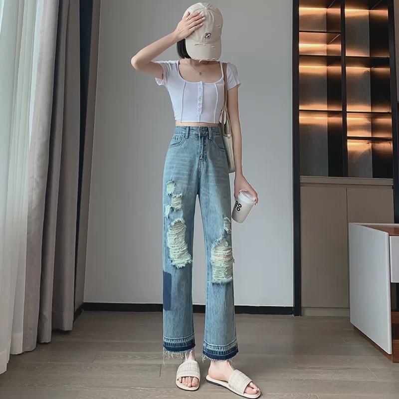 Women's European Style Distressed Elastic Waist Jeans