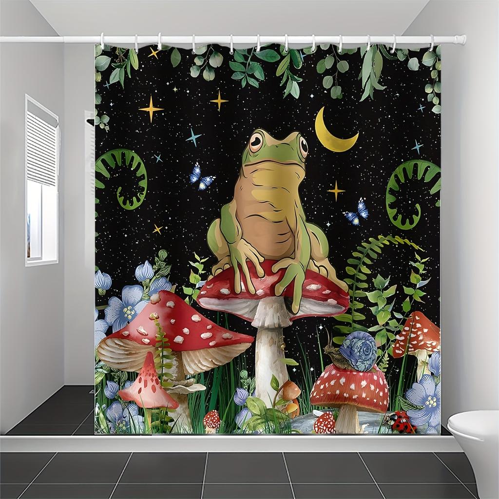 Shower Curtain: Enchanted Forest Design with Frog and Mushrooms for a Magical Bathroom Decor