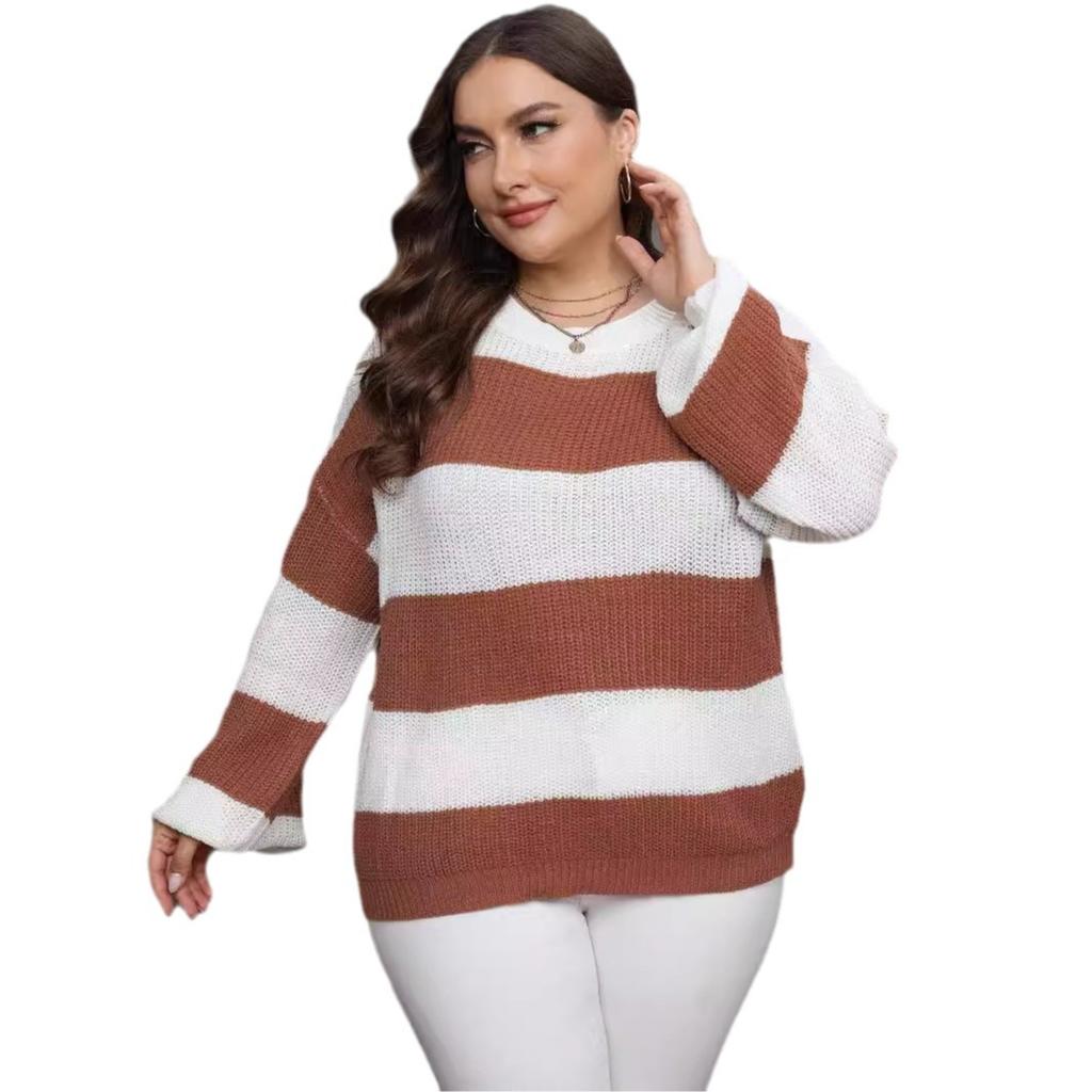 Top Women's Woven Sweater European and American Large Size Women's Clothing Style Contrast Color Striped Intercolor Pullover Sweater 200778