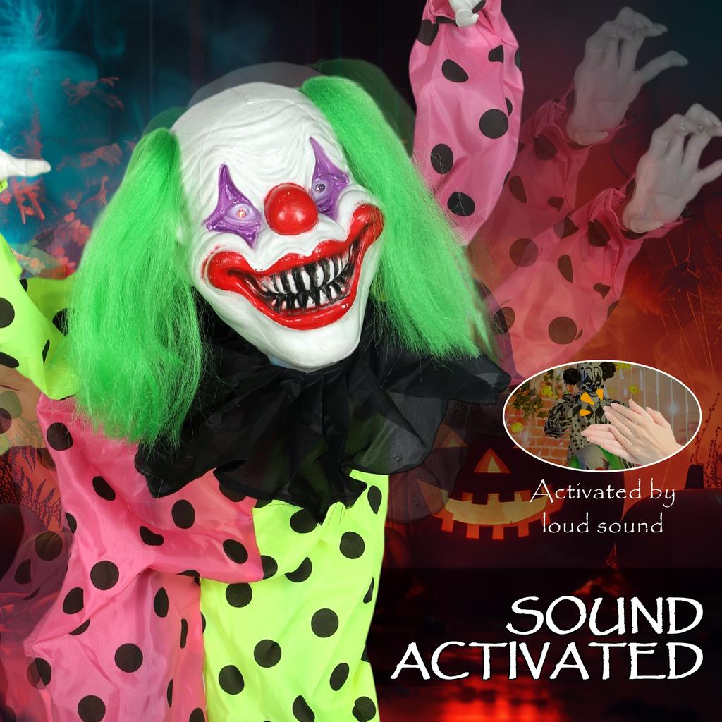 Life Size Stackable Halloween Animated Clown with Red Light Up Eyes, Sound Activated Scary Halloween Decorations, Battery Operated, Indoor Party Props