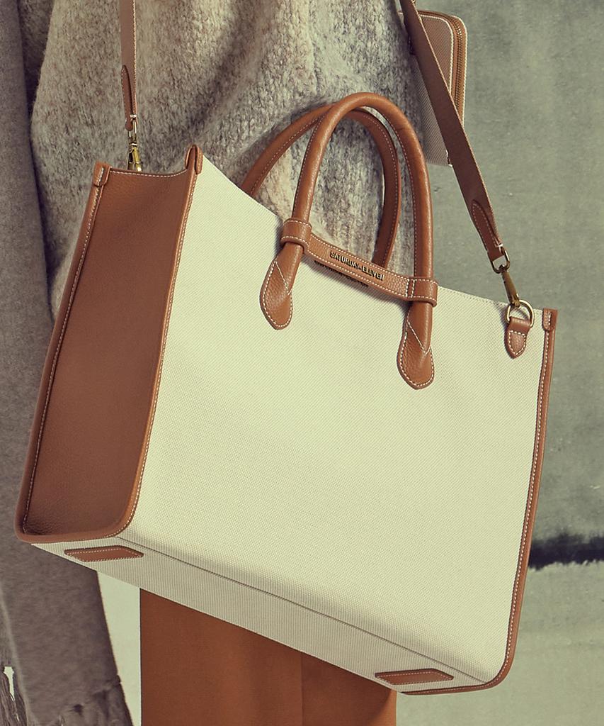 Saturday Eleven Two-Tone Canvas Leather Bridge Tote Bag _ Brown Ivory
