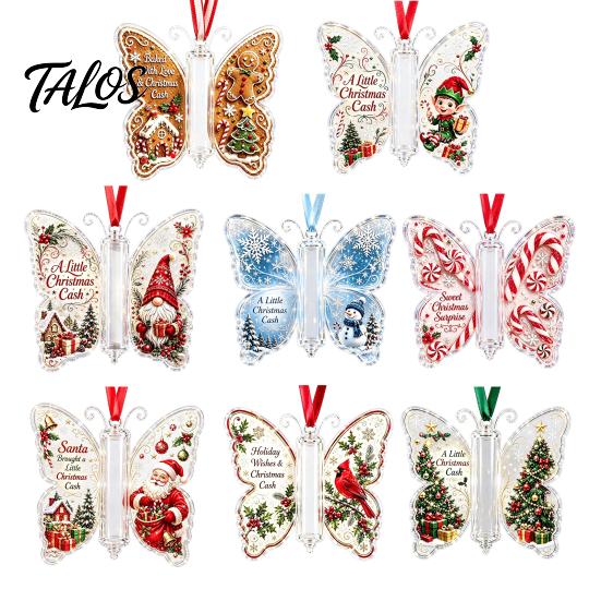 Acrylic Holiday Hanging Decor Butterfly Cash Gift Ornament, Christmas Money Holder with Tree Tags Festive Print, Pendant for Surprise Giving, Keepsake