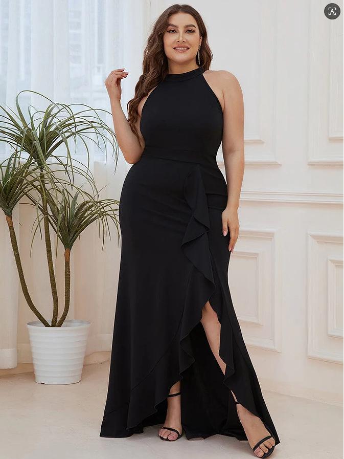 European & American Split Fashion Solid Color Round Neck Long Dress