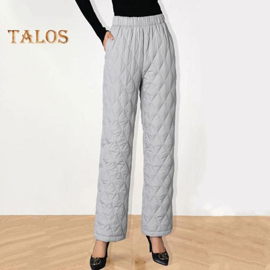 Autumn Winter Cotton Pants Rhombus Quilted Straight Wide Leg Long Pants with Pockets Solid Color Thickened Warm Trousers