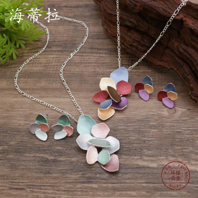 New Enamel Geometric Petal Stud Earrings Pendant Set, Women's Exaggerated Flower Stud Earrings Necklace