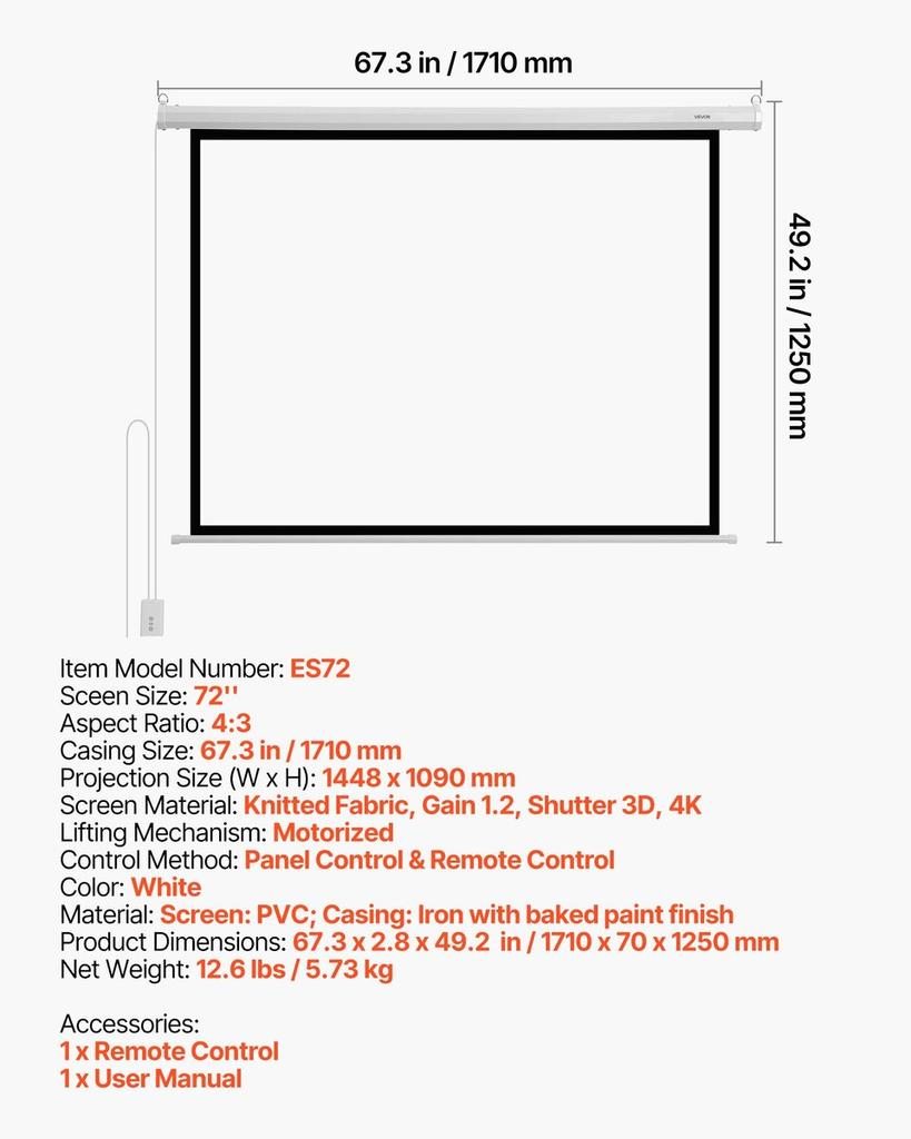 Motorized Projector Screen, 1829 mm 4:3 1080 HD Electric Projection Screen, Wall Mounted Projection Dispaly Projector with Remote Control, Automatic