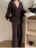 New fashion foreign trade set, women's autumn/winter new elegant loose belt belt knit cardigan wide-leg pants two-piece set
