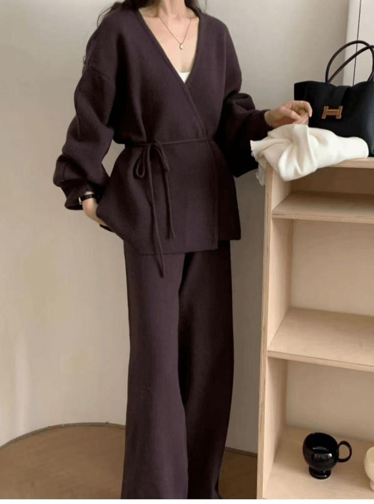 New fashion foreign trade set, women's autumn/winter new elegant loose belt belt knit cardigan wide-leg pants two-piece set