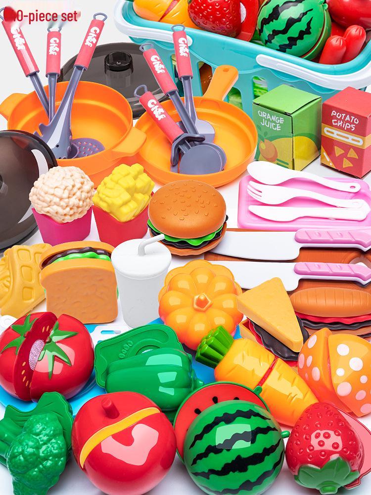 Kids' Pretend Play Kitchen & Shopping Cart Set with Cuttable Fruit and Veggies