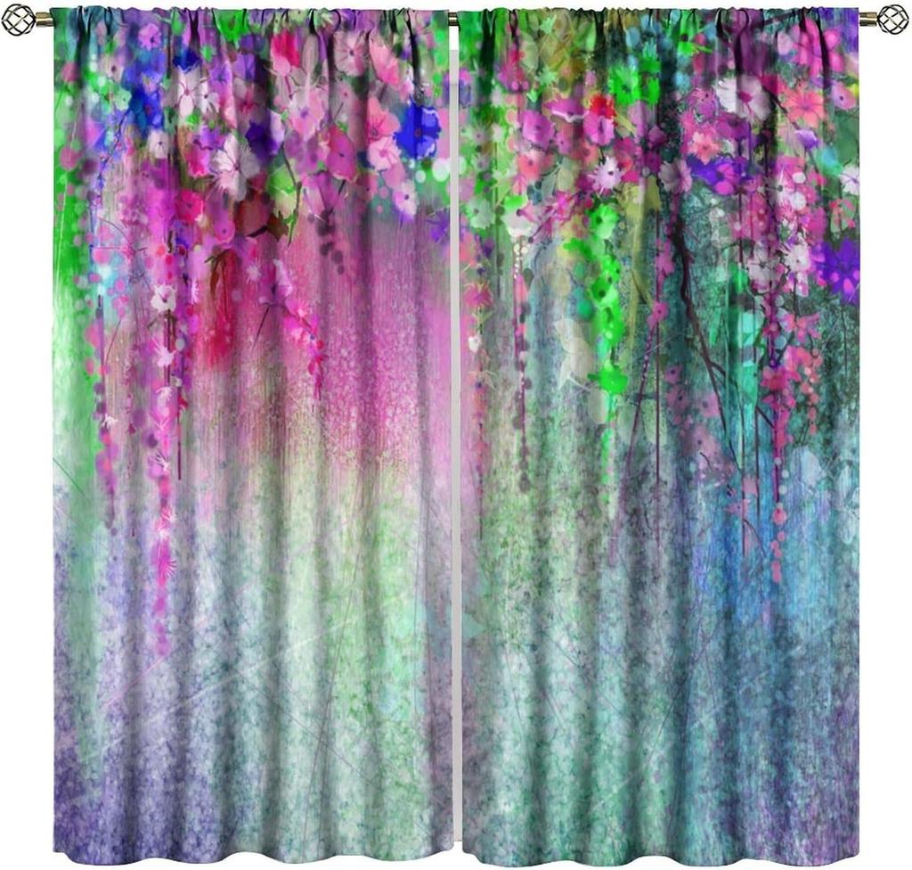 Floral Curta,Farmhouse Colorful Watercolor Wildflower Spring Flower Plant Botanical Pattern Decor Print Window Drapes For