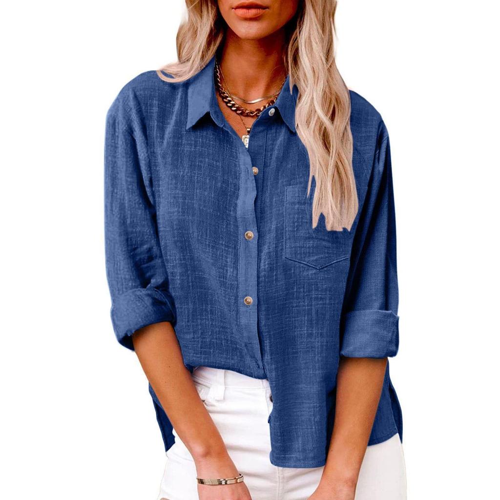Women's Large Size Spring Autumn Long Sleeve Button Solid Color Loose Shirt Casual Shirt
