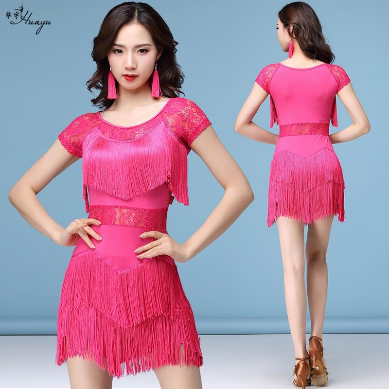 Womens Latin Dance Dress With Lace Fringe Detail Milk Silk Fabric Stage Performance Costume Ballroom Competition