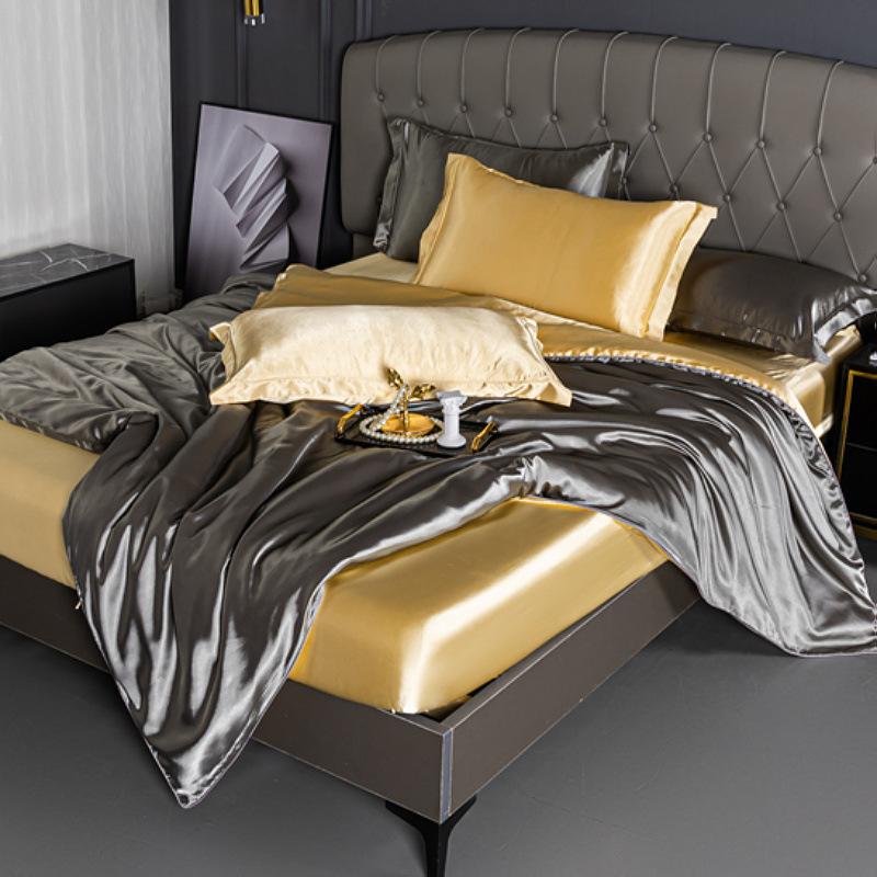 Summer double-sided ice silk mattress four-piece set silky smooth and cool silk three-piece set bed sheet quilt cover light luxury bedding cool
