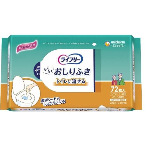 Unicharm Lifree Flushable Wet Wipes, 72 sheets x 12 sets (864 sheets total), Alcohol-free and Fragrance-free
