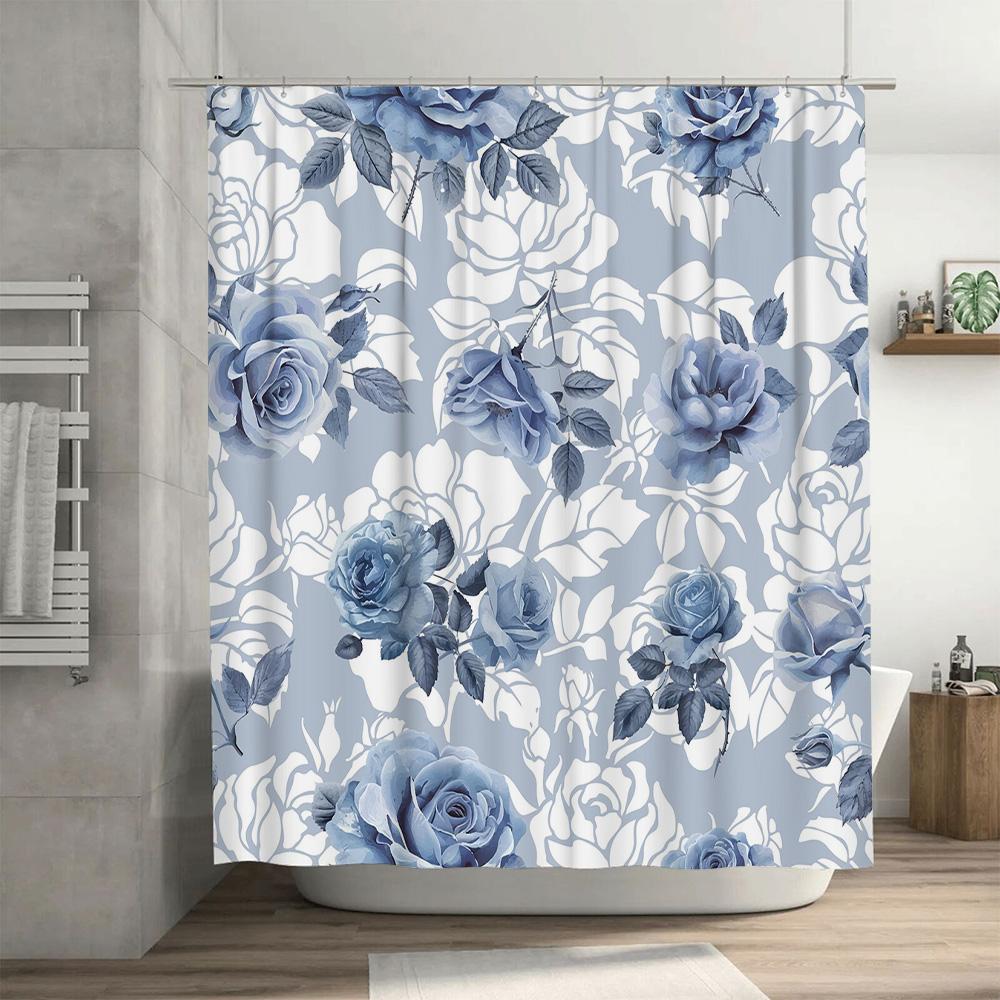Elegant Floral Print Shower Curtain Blue Roses White Flowers Decorative Fabric Rectangular Size 180x245cm Perfect for Modern Bat