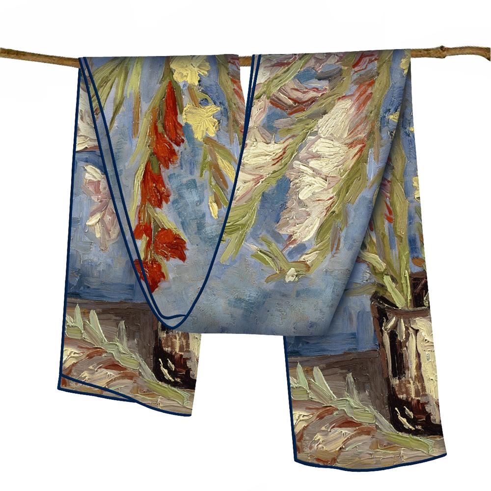 POBING Twill Silk Scarf Women Poncho Hand Rolled Luxury Oil Painting Long Scarves Wraps Bandana Big Shawl Hijabs Female Foulard