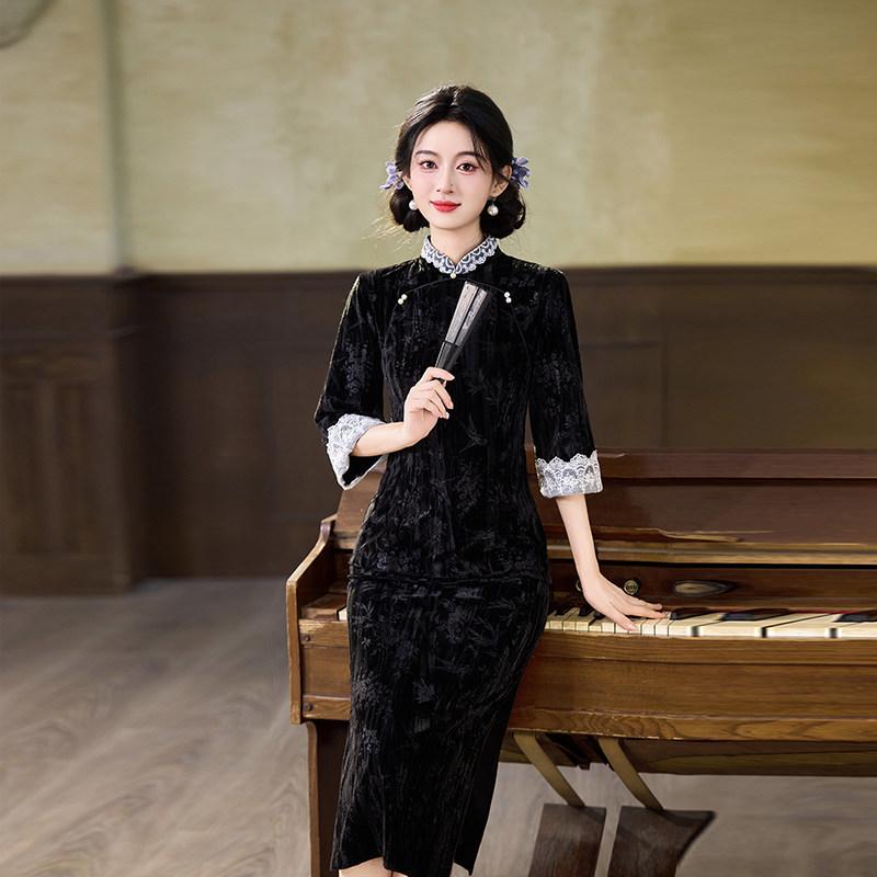 National Style New Chinese Long Sleeve Cheongsam Autumn Medium Sleeve Improved Cheongsam Stand Collar Young Daily Commuter Retro Cheongsam