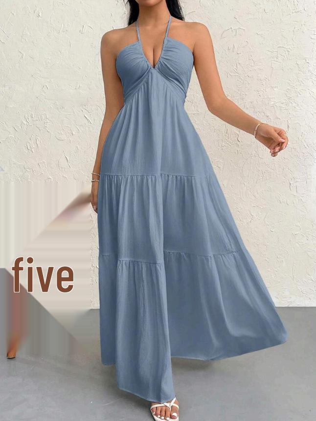 2026 Europäisches & Amerikanisches Patchwork V-Ausschnitt Strandkleid: Spaghettiträger-Sommerrock im französischen Stil für Damen