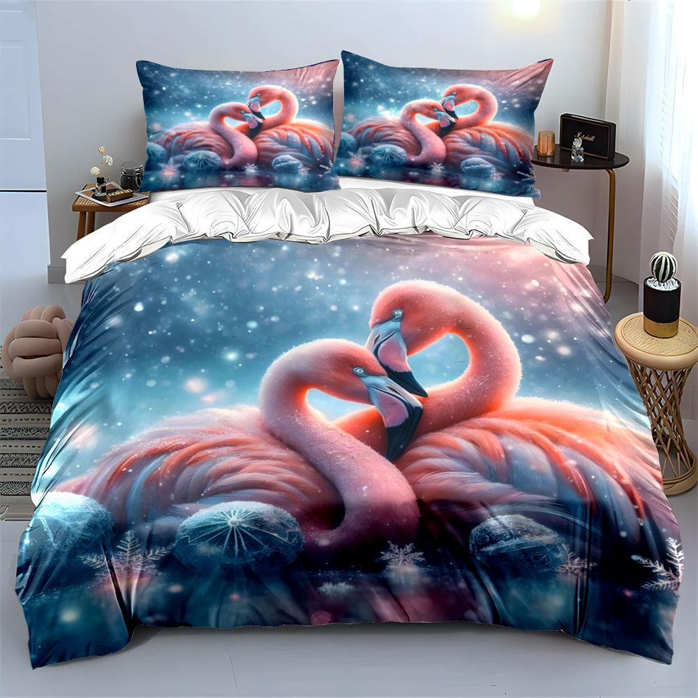 Romantic Pink Flamingos Winter Scene Duvet Cover Set With 3D Printing Design Soft Polyester Bedding Set All-Season Comfort