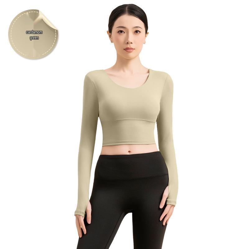 

Топ для бега с длинным рукавом и перекрестной спинкой Noting Nude Feel с подушечками - Облегающая фитнес-футболка Large