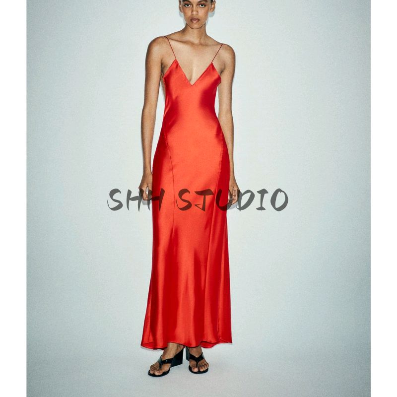 Summer New Product Women's Clothes American Minimalist Style V Neck Sleeveless Open Back Silk Satin Texture Length Dress 3067213