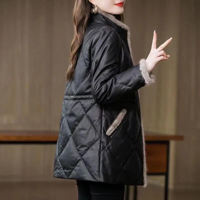 Mid-length Leather Women's Winter Stand-up Collar Padded Jacket Fashion Thickened Waist Warm Padded Jacket