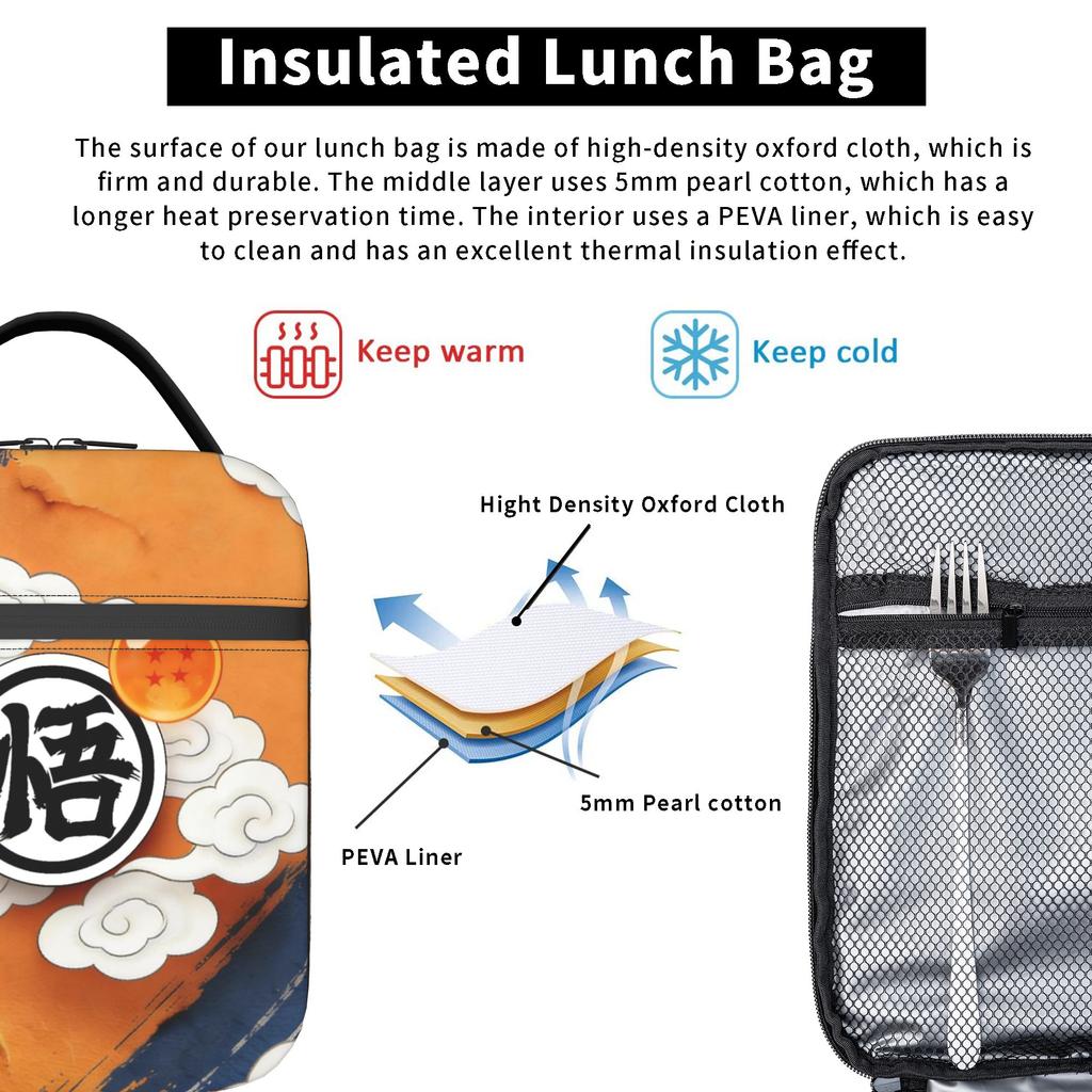 DBZ Kakarot Goku Kanji Go Insulated Lunch Bag Cooler Bag Reusable,Meal Container Large Tote Lunch Box Girl Boy School Travel