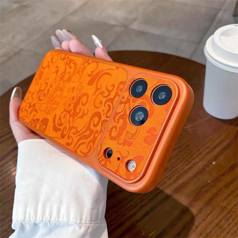 

New Year Edition Apple 17 Pro Max Leather Texture Phone Case - Fully Compatible with iPhone 14, 15, and 16 Models 17 оранжевый