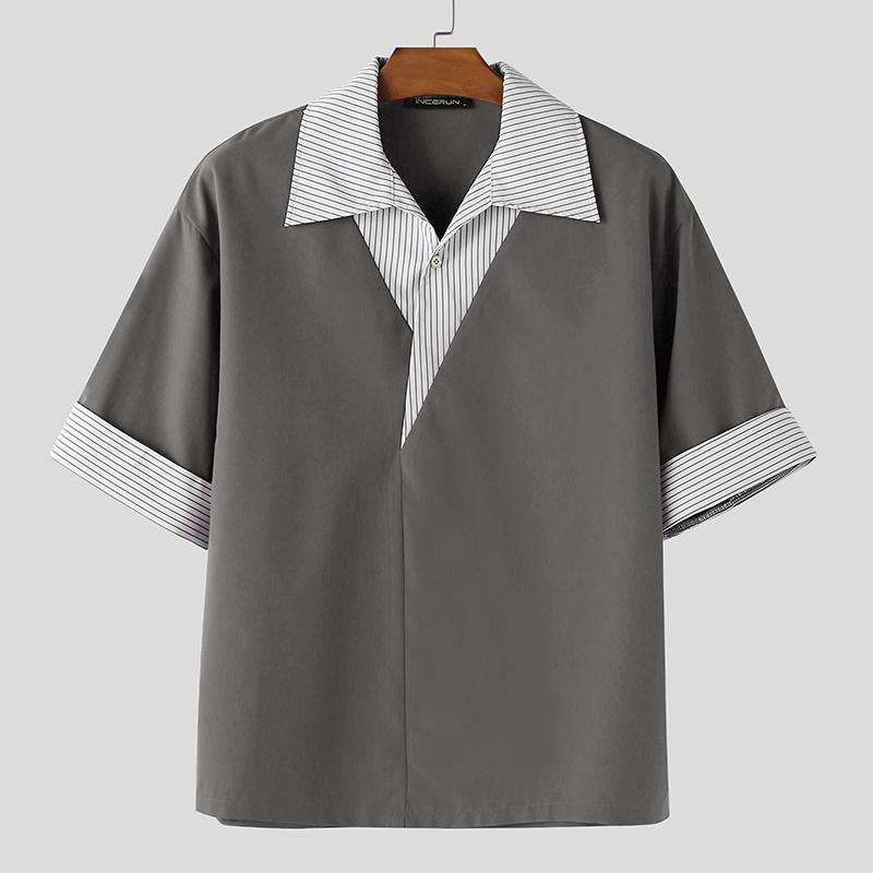 

INCERUN Summer Men Lapel Neck Short Sleeve Striped Patchwork Casual Loose T-shirts Tops 4XL сірий колір