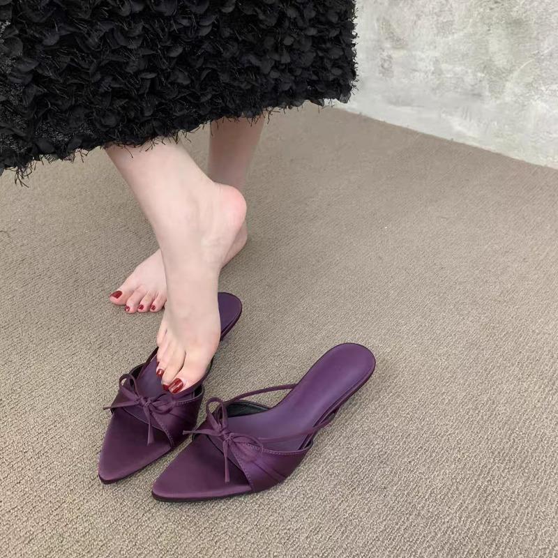 Summer new satin pointed head fish mouth high heels thin heel sexy word wear cool slippers half drag