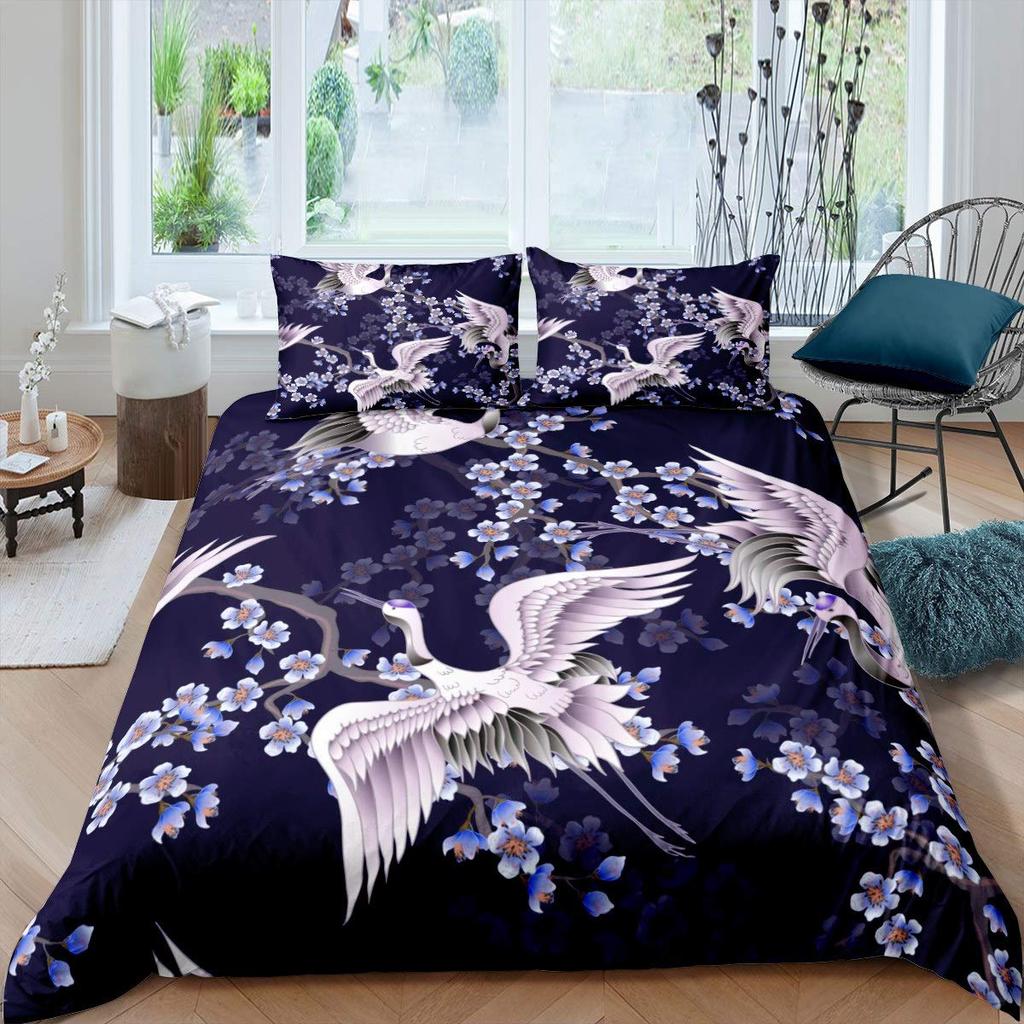 Comforter Crane Queen Size Japanese-Style Bedding Set Cherry Blossoms Pattern Women Girls Japanese Traditional