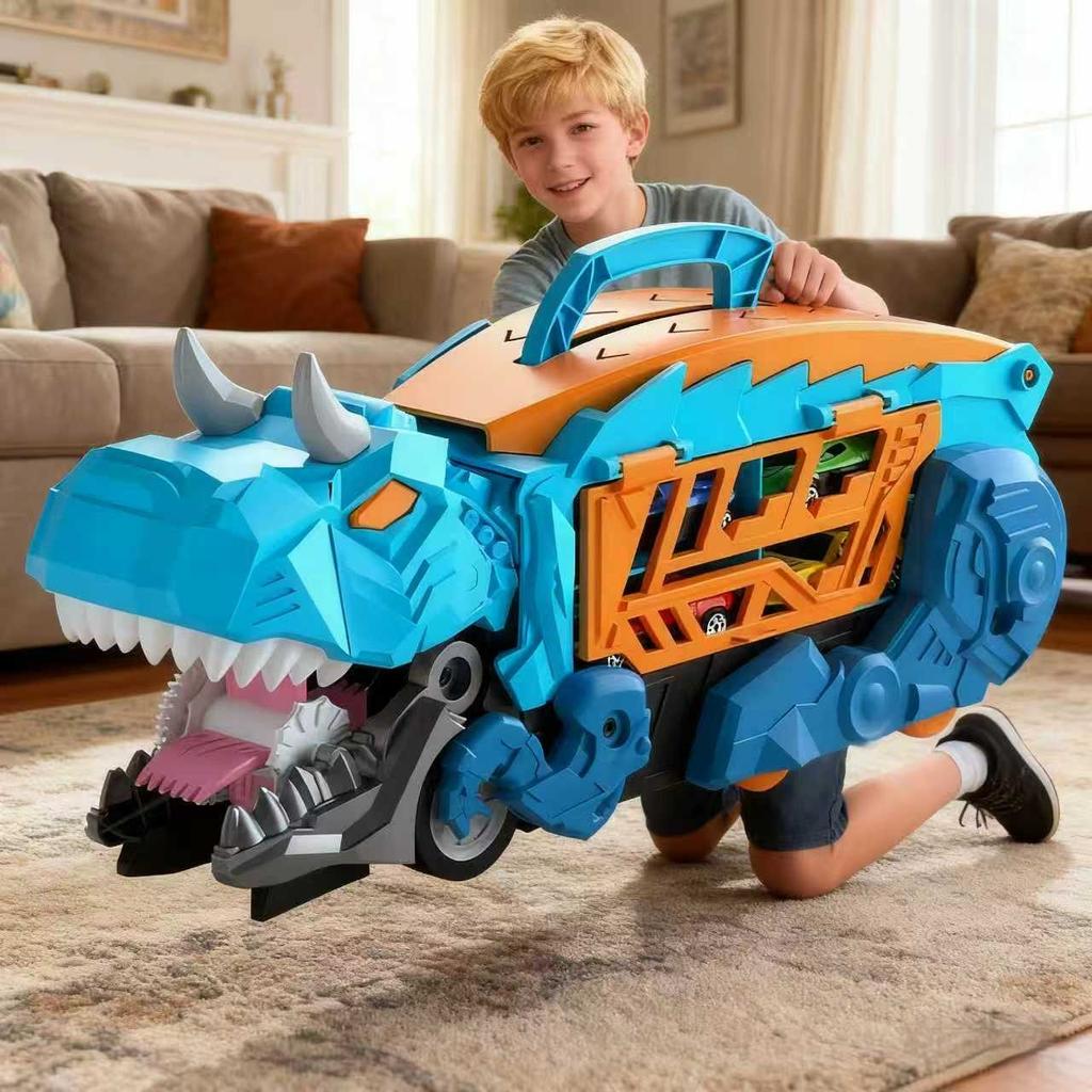 Children's Dinosaur Transport Truck, Containing 6 Alloy Cars, Blue/Green Dinosaur Race Track Storage Vehicle, Boy's Gift