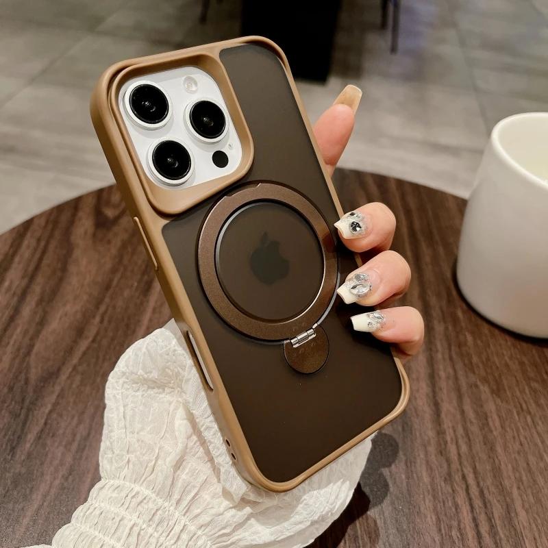 New Foldind Stand Holder Magsafe Phone Case for For Iphone 16 15 14 13 Pro Max Plus Desert Titanium Gold Magnetic Cover