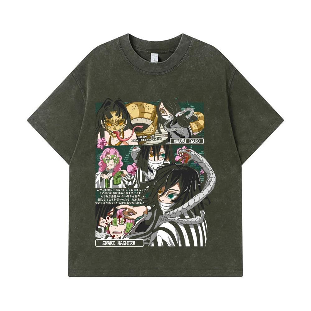 

275 GSM Washed T-shirts 100% Cotton Demon Slayer V17 Obanai Print Unisex Heavy Cotton T Shirt S армия зеленый