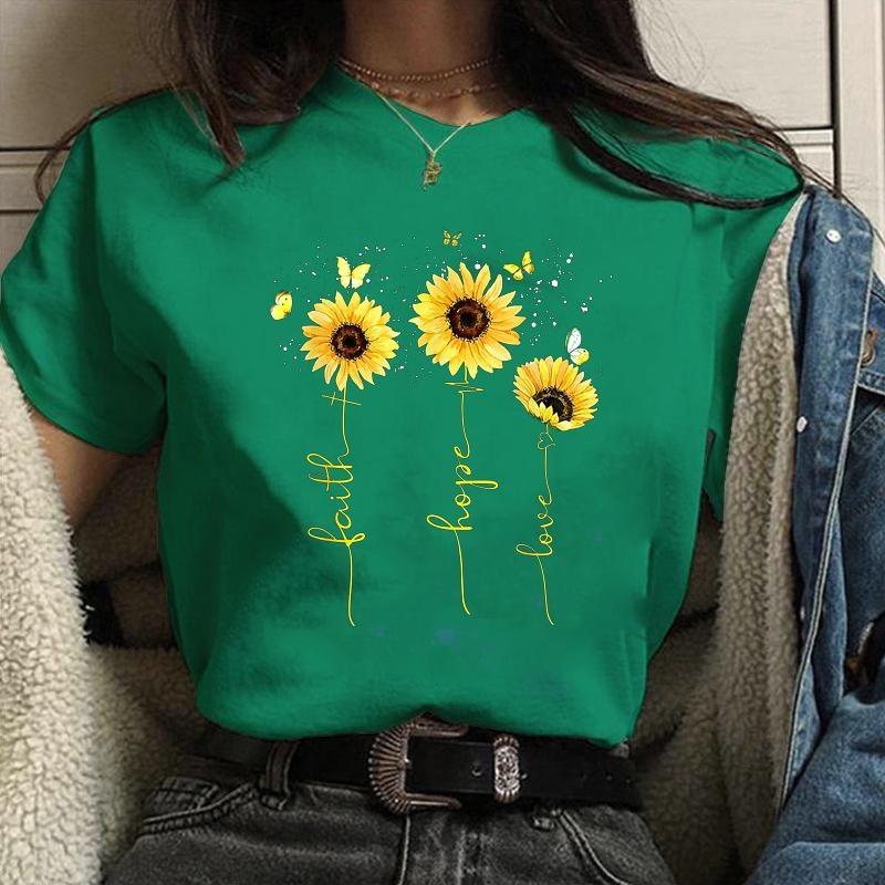 Women's New Fashion Hope Love Faith Sunflower Pattern Printed T-Shirt Women's Outdoor Street Cool Round Neck Short Sleeve Shirt
