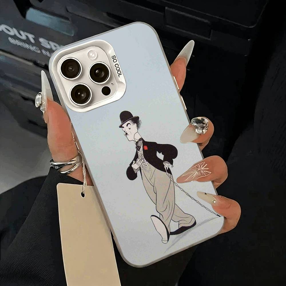C-Charlie Chaplin Phone Case For iPhone 11 12 13 14 15 16Pro Max Plus white Sliver  Phone Cover