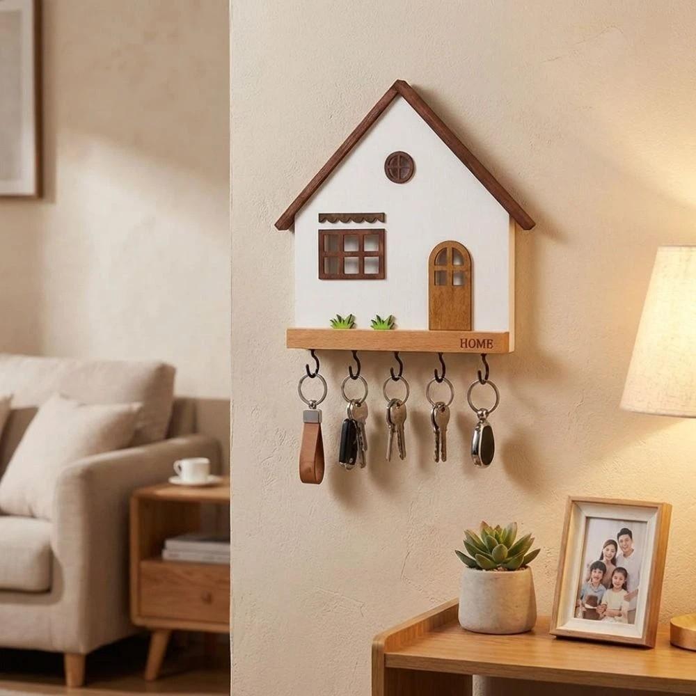 Dekorativní háčky ve tvaru domečku Dřevěný držák na klíče Umělecký design Nástěnný držák na klíče Obývací pokoj