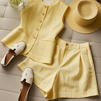 Conjunto de Verano Amarillo Chaleco Shorts de Cintura Alta Holgado Casual Color Sólido para Viajar Conjunto de Dos Piezas Ropa para Mujer