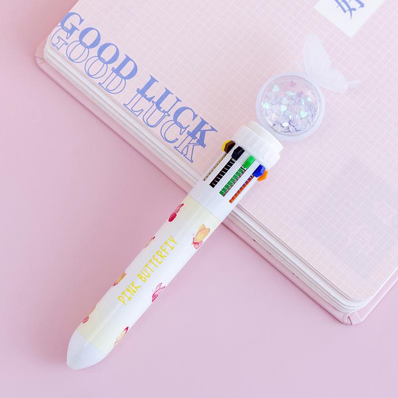 Cartoon Butterfly Ten Color Retractable Ballpoint Pen Multifunctional Student Stationery For Hand Account
