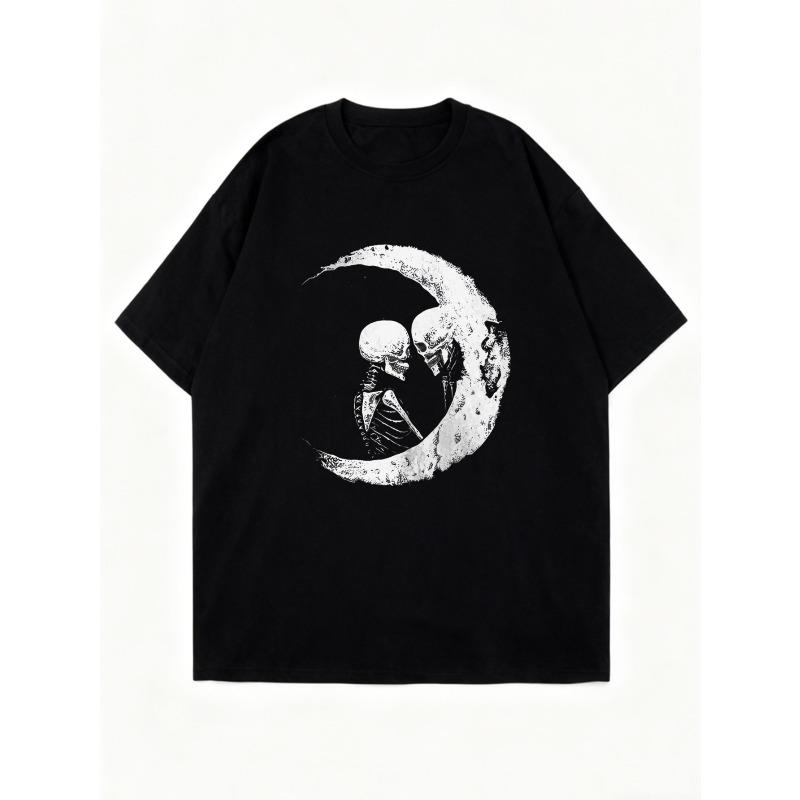 Oversized T Shirt Black Skull Couple Moon Print Casual Wear