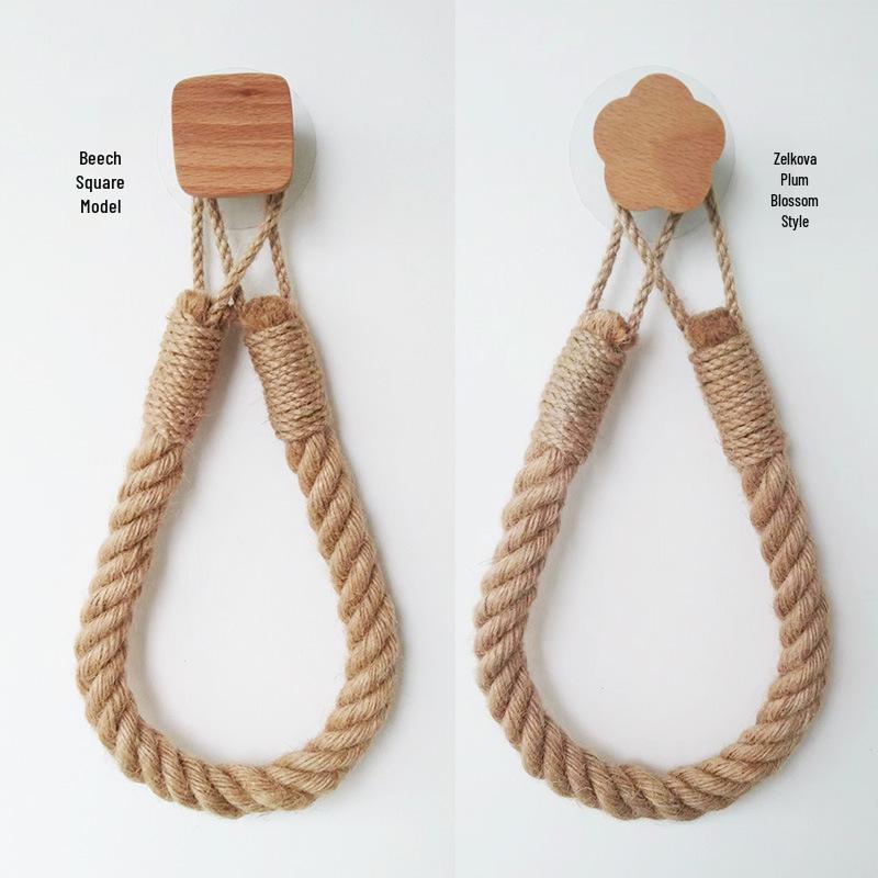 Hemp Rope Tissue Holder: Solid Wood & Cotton Woven Towel Rack, Creative No-Drill Roll Paper & Face Towel Storage Shelf