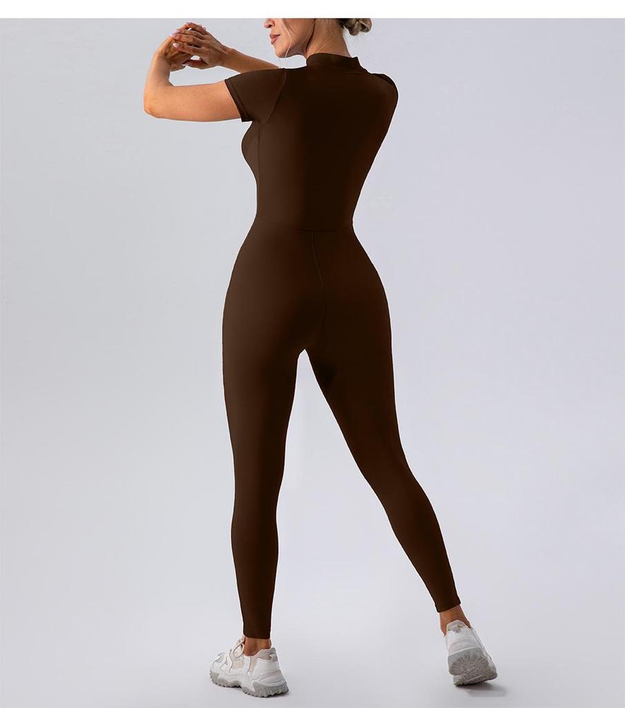 European & American Nude Feel Short Sleeve Yoga Jumpsuit - Women's Fitness Bodysuit with Zipper & Long Pants