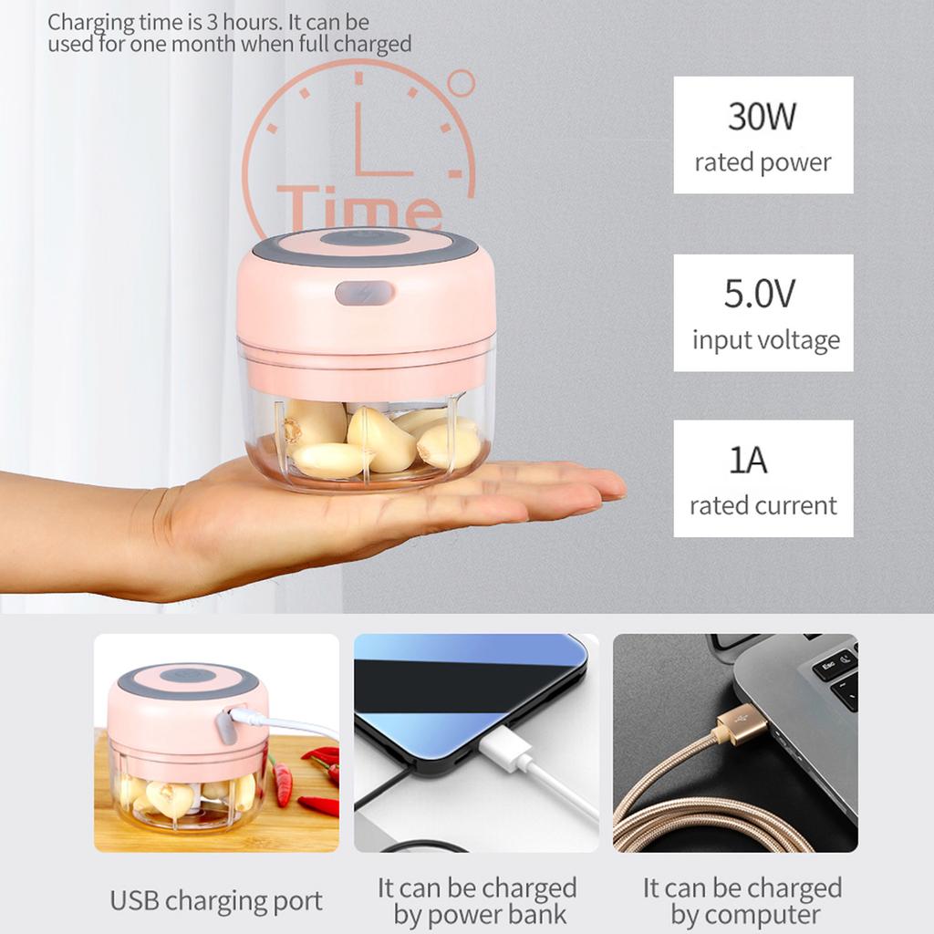 Mini Garlic Grinder Electric Garlic Chopper Cordless Food Fruit Vegetable Blender Kitchen Gadgets 250ML USB Rechargeable