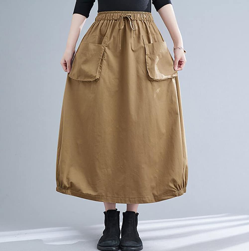 ShuMing Long Balloon Maxi Elastic Plus Solid Color Size Women's Skirt, Length, Waist, Pockets, Cargo-Style, Casual, A-Line, Size, Flattering, (Free